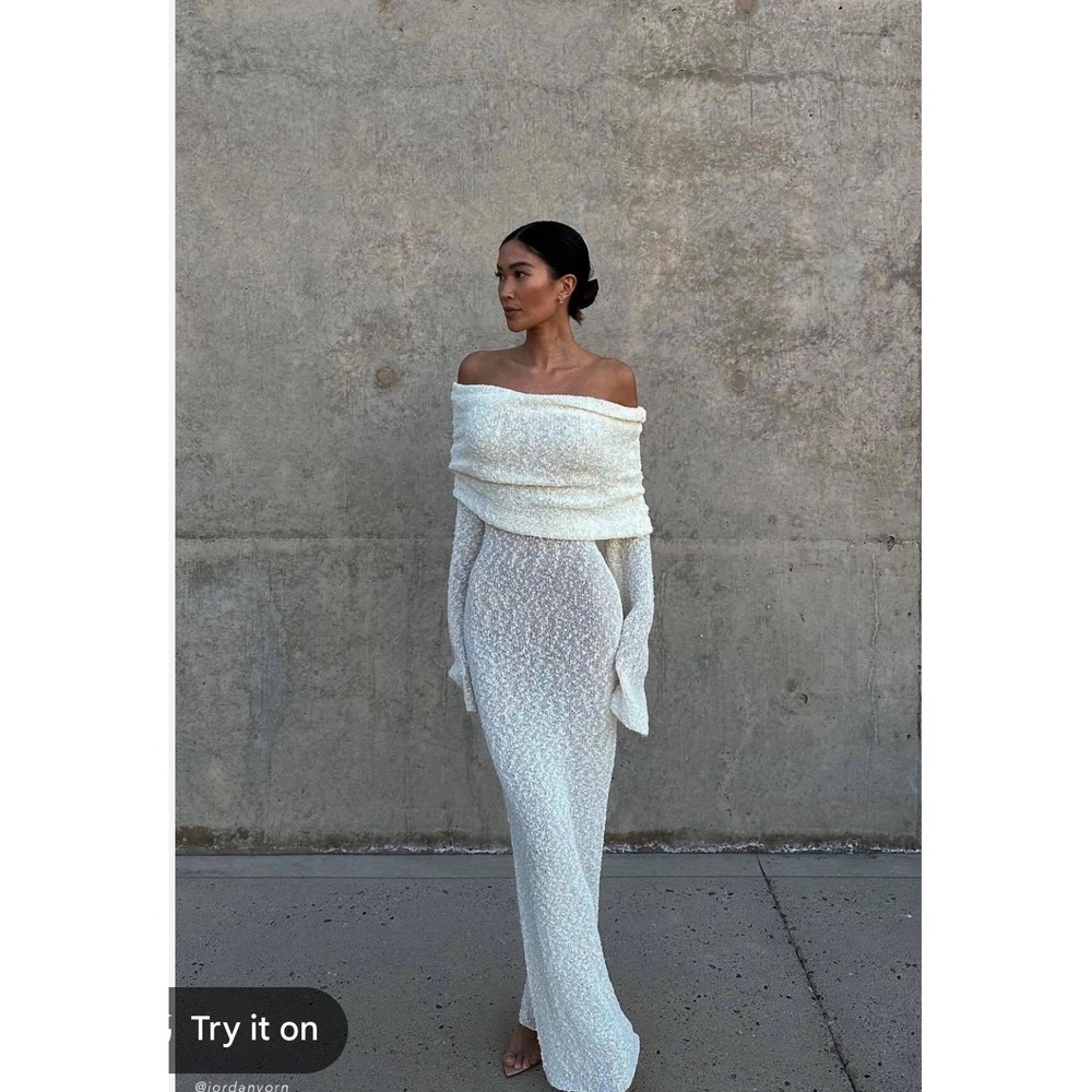 Meshki Cream Boucle Knit Off The Shoulder Maxi Dress Long Sleeve XS Marisole